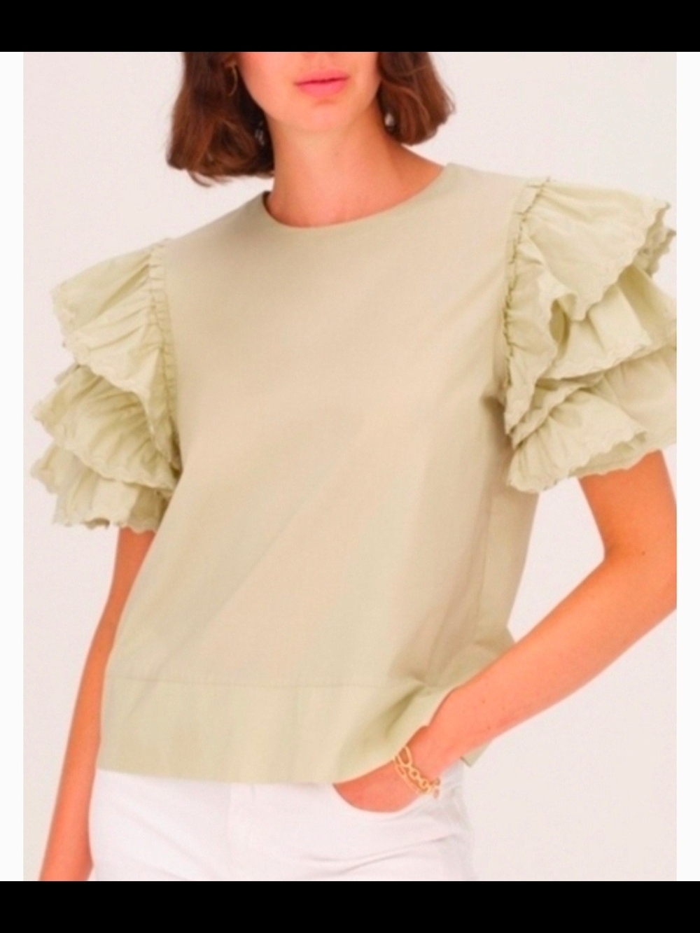 Harshman Juliette Layered Ruffle Short-Sleeve Blouse in Light Sage